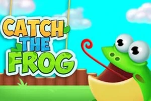 Zielona żaba z wystającym językiem na niebieskim tle z chmurami, obok kolorowy napis CATCH THE FROG