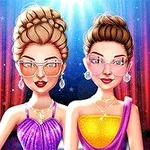 Dwie stylowe kobiety w eleganckich sukniach i okularach na tle scenicznych świateł
