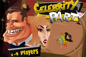 Karykaturalne postacie z dużymi głowami w eleganckich strojach na tle napisu Celebrity Party