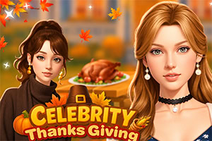 Dwie elegancko ubrane kobiety na tle jesiennego stołu z pieczonym indykiem i napisem „Celebrity Thanksgiving
