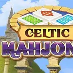 Napisy Celtic Mahjong na tle zamku i trzech płytek z celtyckimi wzorami