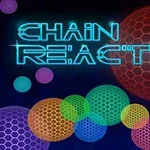 Neonowy napis CHAIN REACTION z kolorowymi, heksagonalnymi sferami na ciemnym tle
