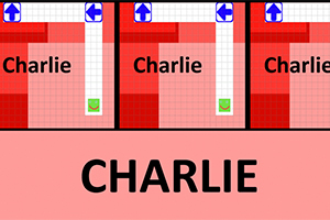 Trzy identyczne panele z czerwonym tłem, siatką, strzałkami i napisem Charlie, poniżej większy napis CHARLIE