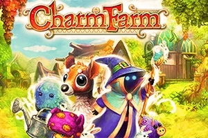 Charm Farm Fantastyczne postacie w kolorowym, magicznym krajobrazie z napisem Charm Farm
