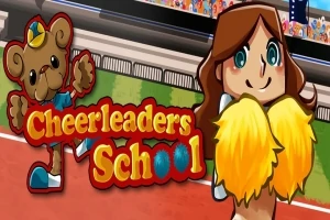 Ilustracja przedstawia dziewczynę z pomponami i maskotkę misia na stadionie, z tytułem Cheerleaders School
