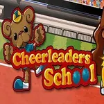 Ilustracja przedstawia dziewczynę z pomponami i maskotkę misia na stadionie, z tytułem Cheerleaders School
