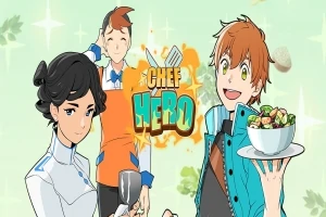 Trzy postacie w stylu anime, jedna trzyma talerz sałatki, druga trzyma łopatkę, a trzecia ma na sobie fartuch, z napisem Chef Hero na tle zielonych liści