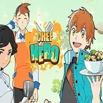 Trzy postacie w stylu anime, jedna trzyma talerz sałatki, druga trzyma łopatkę, a trzecia ma na sobie fartuch, z napisem Chef Hero na tle zielonych liści