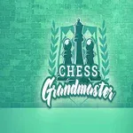 Logo na tle ceglanej ściany z napisem Chess Grandmaster i sylwetkami szachowych figur, obok stoi ozdobny fotel