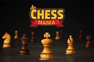 Zestaw złotych i brązowych figur szachowych na ciemnym tle z napisem CHESS MANIA u góry