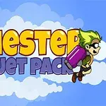 Napis Chester Jet Pack na tle nieba z chmurami oraz postać z zielonymi włosami i plecakiem odrzutowym