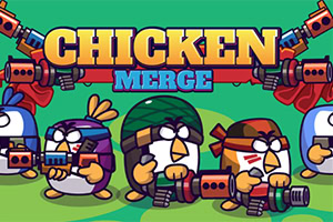 Kolorowy baner z napisem „CHICKEN MERGE i czterema rysunkowymi kurczakami w hełmach oraz opaskach, trzymającymi futurystyczne karabiny na zielonym tle