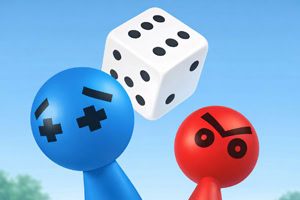 Dwie kolorowe postacie z okrągłymi głowami, niebieska z krzyżykami zamiast oczu i czerwona z gniewną miną, patrzą na unoszącą się nad nimi białą kostkę do gry