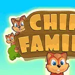 Cztery animowane wiewiórki wokół dużego, drewnianego napisu CHIP FAMILY na tle nieba i drzew