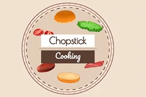 Logo złożone z ilustracji składników do burgera, takich jak bułka, sałata, pomidory, mięso i ser, z nazwą Chopstick Cooking na środku