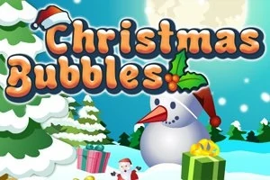 Świąteczna sceneria z bałwanem, prezentami i choinkami pod pełnym księżycem, z napisem Christmas Bubbles