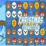 Plansza gry logicznej z kolorowymi ikonami przedstawiającymi zwierzątka i piernikowe ludziki oraz napis Christmas Connection na tle zimowego krajobrazu z drzewami