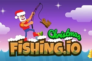 Postać w czapce Mikołaja łowi wędką sanie nad napisem Christmas Fishing