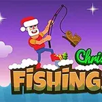 Postać w czapce Mikołaja łowi wędką sanie nad napisem Christmas Fishing