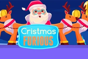 Święty Mikołaj w czapce i czerwonym ubraniu z dwoma reniferami, tłem nocnego nieba i kolorowym napisem Cristmas Furious