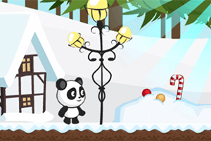 Panda stoi obok latarni na zaśnieżonej drodze, z domem w tle i cukrową laską w zaspie