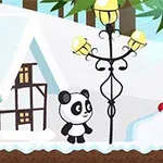 Panda stoi obok latarni na zaśnieżonej drodze, z domem w tle i cukrową laską w zaspie
