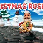 Mikołaj biegnie kamienistą ścieżką z workiem prezentów przez zaśnieżony krajobraz, ścigany przez bałwany; w tle napis Christmas Rush