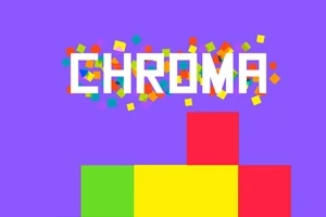 Kolorowe klocki i napis CHROMA na fioletowym tle z rozsypanymi, małymi kwadratami