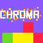 Kolorowe klocki i napis CHROMA na fioletowym tle z rozsypanymi, małymi kwadratami