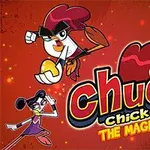 Postacie z kreskówki w dynamicznych pozach z logotypem Chuck Chicken The Magic Egg na czerwonym tle