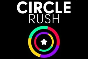 Kolorowe koncentryczne okręgi z białą gwiazdą na czarnym tle oraz tekst CIRCLE RUSH