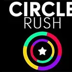 Kolorowe koncentryczne okręgi z białą gwiazdą na czarnym tle oraz tekst CIRCLE RUSH