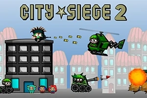 Postacie kreskówkowe z helikopterem, czołgiem i wybuchami na tle miejskich budynków z napisem CITY SIEGE 2 u góry