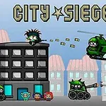 Postacie kreskówkowe z helikopterem, czołgiem i wybuchami na tle miejskich budynków z napisem CITY SIEGE 2 u góry