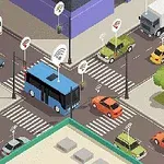 Skrzyżowanie z różnymi pojazdami, takimi jak autobusy, samochody osobowe i radiowozy, wyposażonymi w oznaczenia sygnałów WiFi