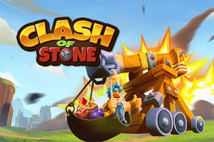 Logo Clash of Stone z jasnymi literami na niebieskim niebie, postać z niebieskimi włosami w katapulcie oraz animowana eksplozja w tle