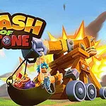Logo Clash of Stone z jasnymi literami na niebieskim niebie, postać z niebieskimi włosami w katapulcie oraz animowana eksplozja w tle