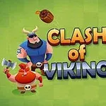 Trzech postaci wikingów na zielonym tle, z toporem, łukiem i hełmem, oraz napisem Clash of Vikings