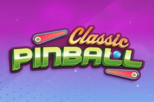 Napis Classic Pinball na kolorowym tle z gradientem, ozdobiony grafiką flipperów i kulki