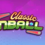 Napis Classic Pinball na kolorowym tle z gradientem, ozdobiony grafiką flipperów i kulki