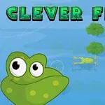 Zielona żaba na niebieskim tle wodnym z napisem Clever Frog u góry oraz rzędem lilii wodnych