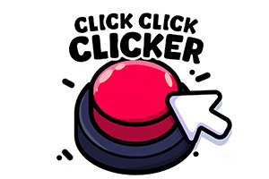 Czerwony przycisk na czarnym tle z dużą białą strzałką i napisem CLICK CLICK CLICKER powyżej