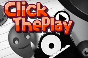 Kolorowy napis Click The Play na tle czarno-białych, uśmiechniętych postaci z okrągłymi oczami