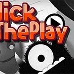 Kolorowy napis Click The Play na tle czarno-białych, uśmiechniętych postaci z okrągłymi oczami