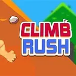 Postać wspinająca się po górze z czerwonym napisem CLIMB RUSH na niebieskim tle
