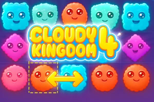 Kolorowe, puszyste postacie z twarzami w układzie siatki z napisem Cloudy Kingdom 4 i strzałką wskazującą kierunek