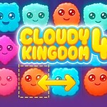 Kolorowe, puszyste postacie z twarzami w układzie siatki z napisem Cloudy Kingdom 4 i strzałką wskazującą kierunek