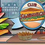 Kanapka klubowa z trzema warstwami tosta i dodatkami, pudełko z frytkami na stole oraz logo Club Sandwich w tle