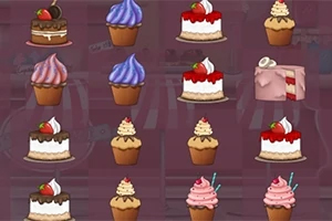 Coco in Cakeland Kilka rodzajów kolorowych deserów, w tym babeczki i kawałki ciasta z owocami, ułożone w siatce na fioletowym tle