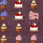 Coco in Cakeland Kilka rodzajów kolorowych deserów, w tym babeczki i kawałki ciasta z owocami, ułożone w siatce na fioletowym tle